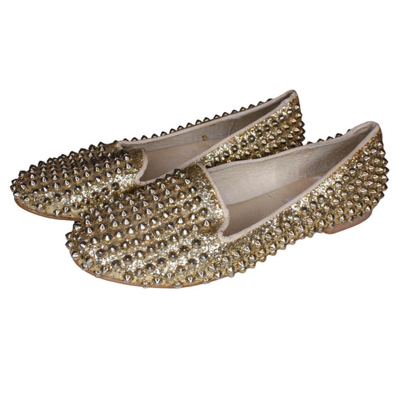 Steve Madden Studlyy Flats Gold Leather Studded Glitter Slip Ons 7M - Picture 3 of 6
